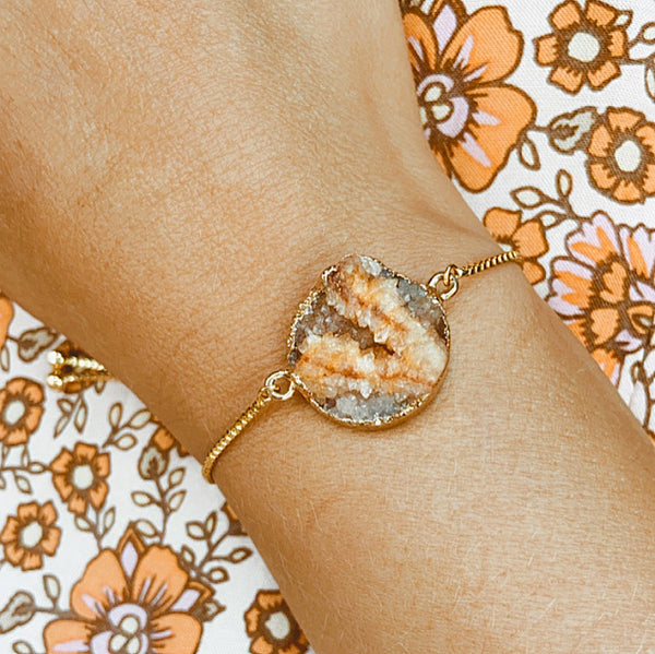 Round Orange Druzy Bolo Bracelet in Gold