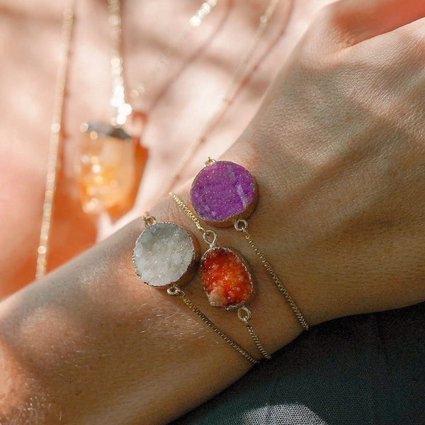 Round White Druzy Bolo Bracelet in Gold