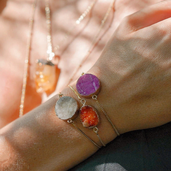 Round Pink Druzy Bolo Bracelet in Gold