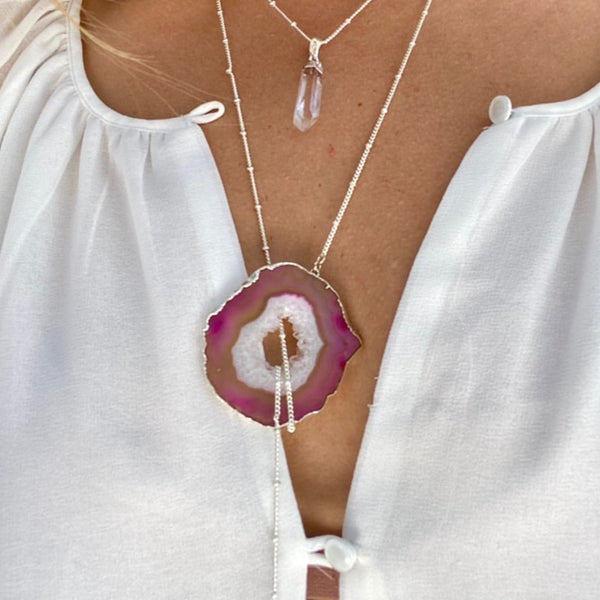 ･ﾟ✧*･ﾟ* SOLD OUT *･ﾟ*✧･ﾟ     Silver Balance Lariat with Pink Water Melon Geode