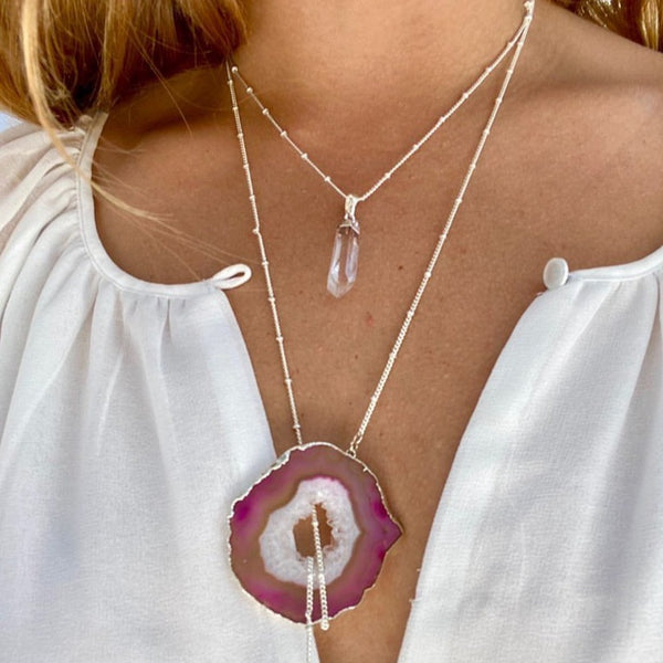 Petite Electroplated Clear Quartz Necklace in Silver