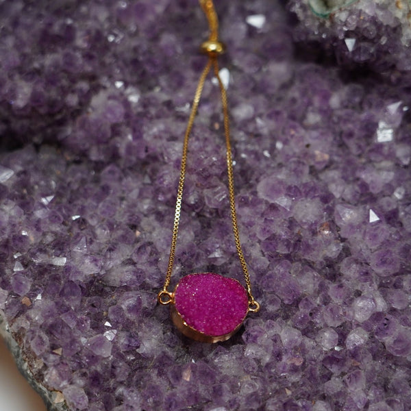 Round Pink Druzy Bolo Bracelet in Gold