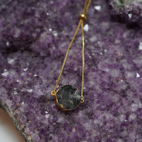 Round Grey Druzy Bolo Bracelet in Gold