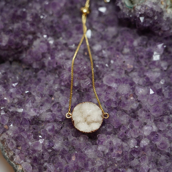 Round White Druzy Bolo Bracelet in Gold