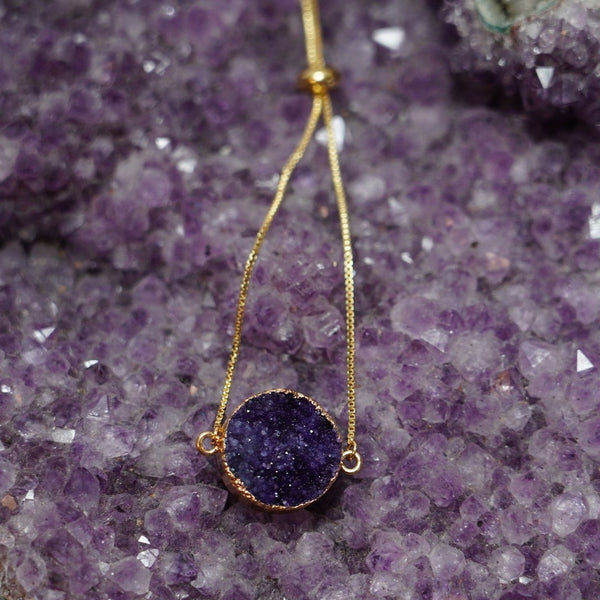 Round Purple Druzy Bolo Bracelet in Gold