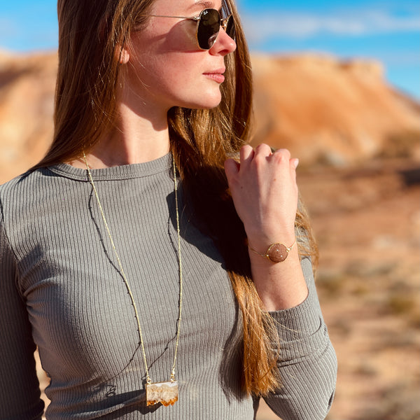 Polished Citrine Geode Slice Necklace in Gold