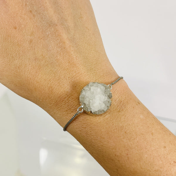 Round White Druzy Bolo Bracelet in Silver