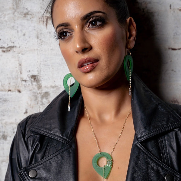 AJA Lariat Style Earrings in Forest Green and Crystal