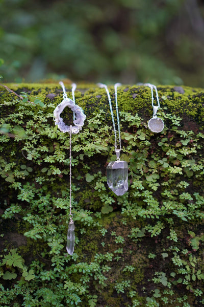 Large Electroplated Clear Quartz Necklace in Silver