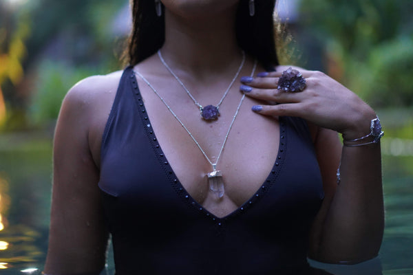 Large Electroplated Clear Quartz Necklace in Silver