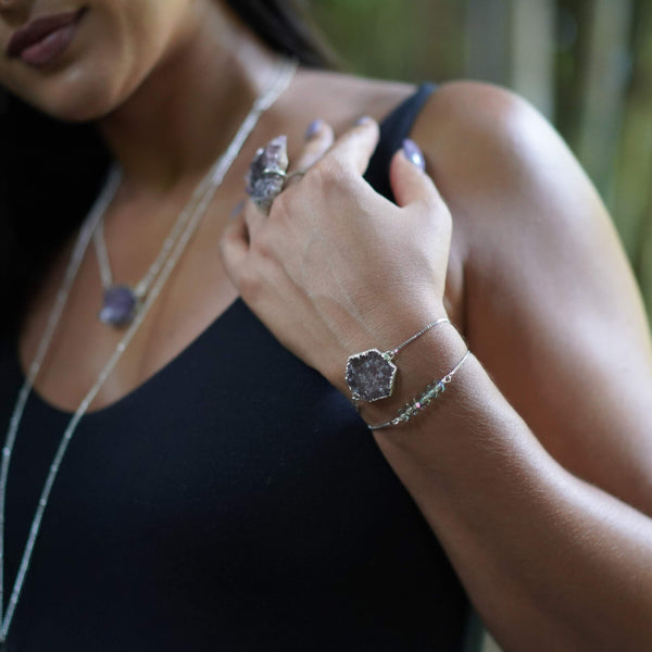 ･ﾟ✧*･ﾟ* SOLD OUT *･ﾟ*✧･ﾟ     Geometric Amethyst Druzy Bolo Bracelet in Silver