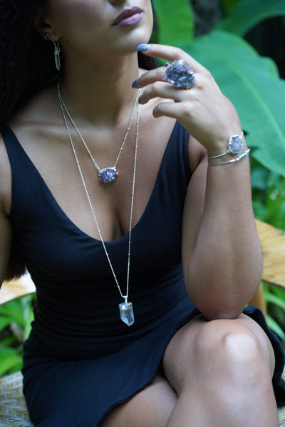 Large Electroplated Clear Quartz Necklace in Silver