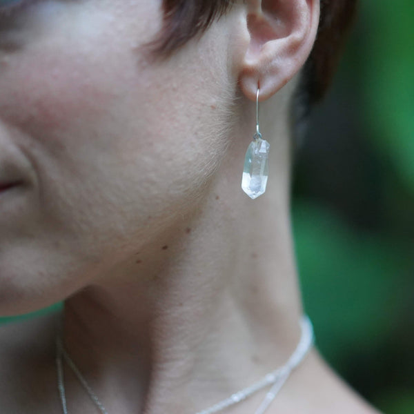 Petite Polished Clear Quartz Earrings in Silver