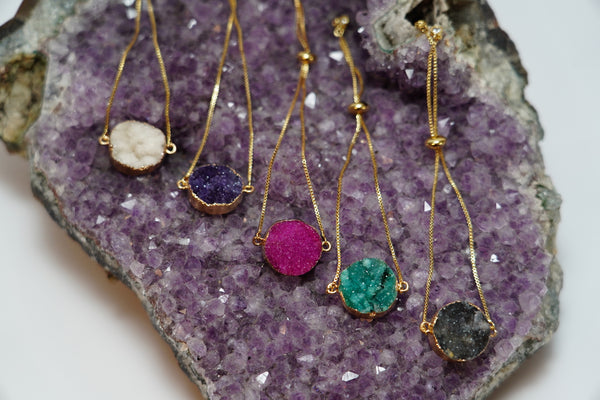 Round White Druzy Bolo Bracelet in Gold