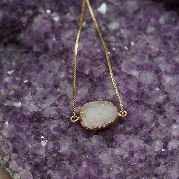 Raw White Druzy Bolo Bracelet in Gold