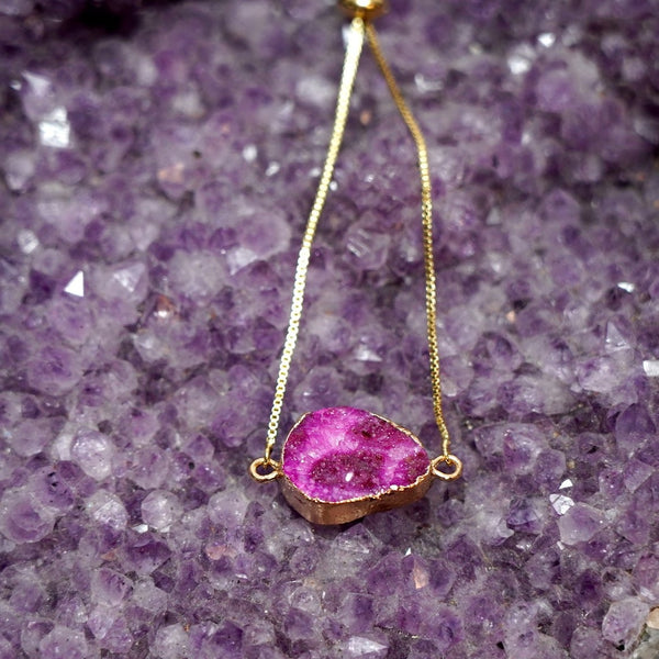 Raw Pink Druzy Bolo Bracelet in Gold
